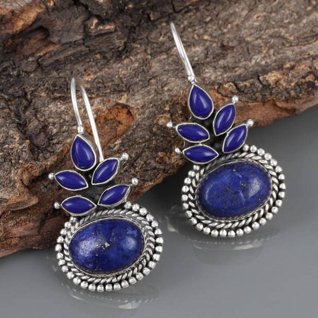 Boho earrings with blue opal and sterling silver flowers